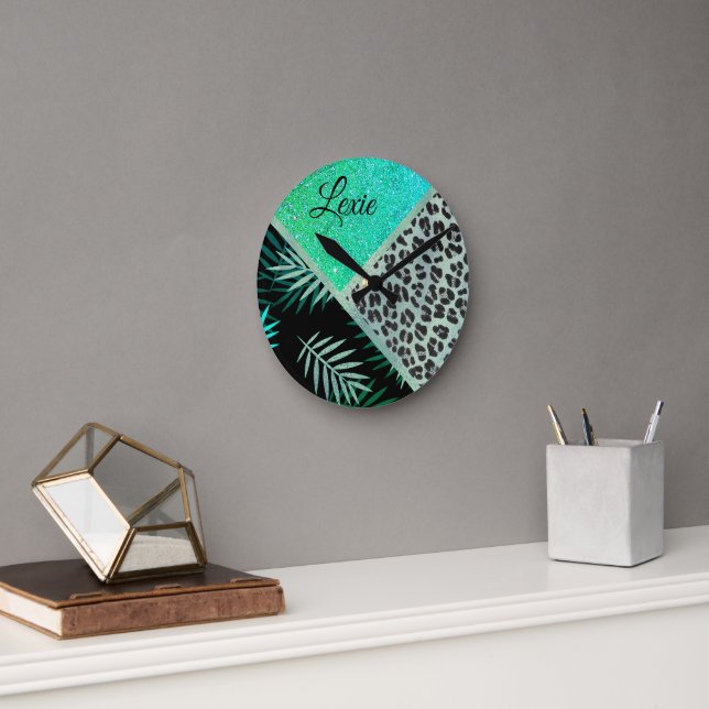 Horloge Ronde Empreinte de léopard Tropical Turquoise (Bureau)