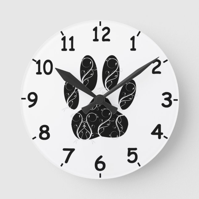 Horloge Ronde Empreinte de patte de chien noir aux saveurs blanc (Recto)