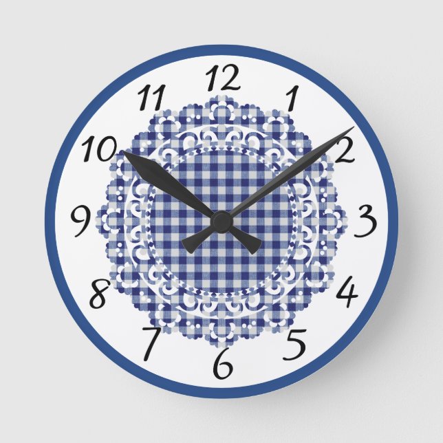 Horloge Ronde En vichy bleu rétro (Recto)