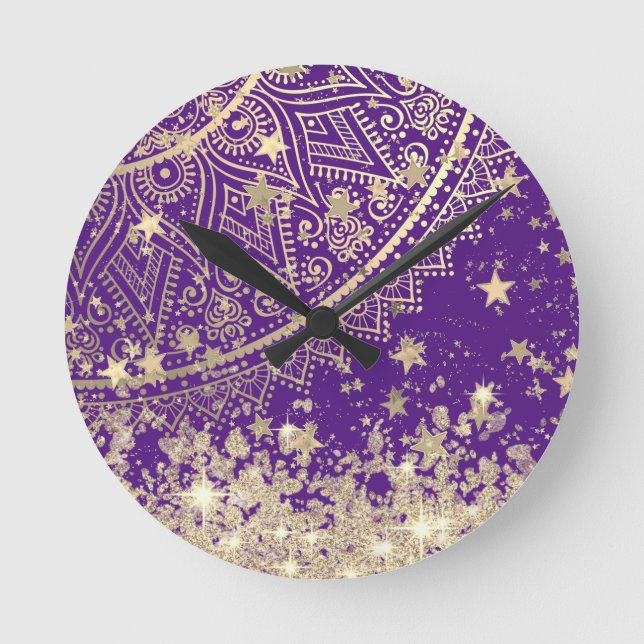 Horloge Ronde Enchanter Mandala avec des étoiles d'or sur violet (Recto)