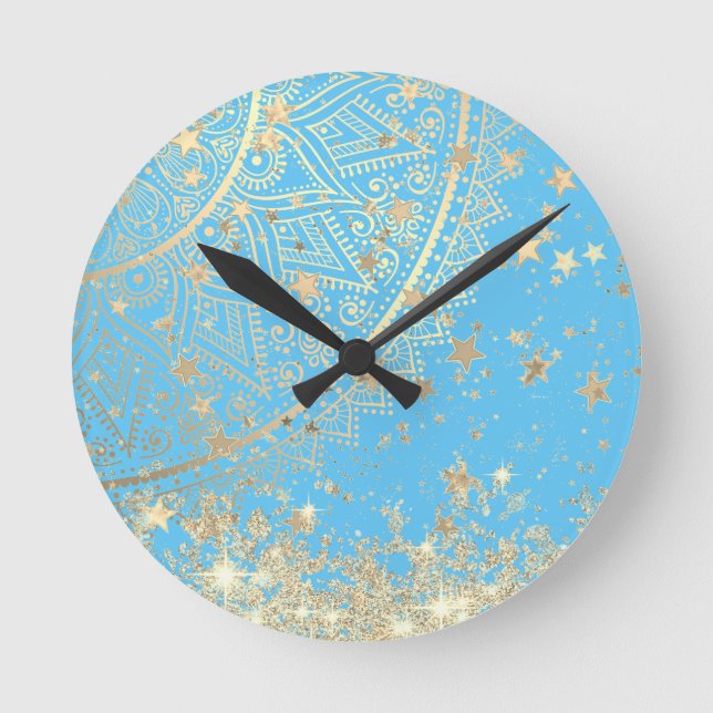 Horloge Ronde Enchanting Mandala with Gold Stars on Turquoise  (Recto)