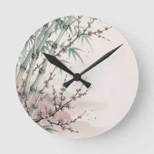 Horloge Ronde Encre de fleur de prunier en bambou japonais