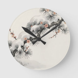 Horloge Ronde Encre Japonaise Pin Fleur de Prunier Hiver