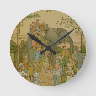 Horloge Ronde Enfants montant sur l'éléphant (litho)