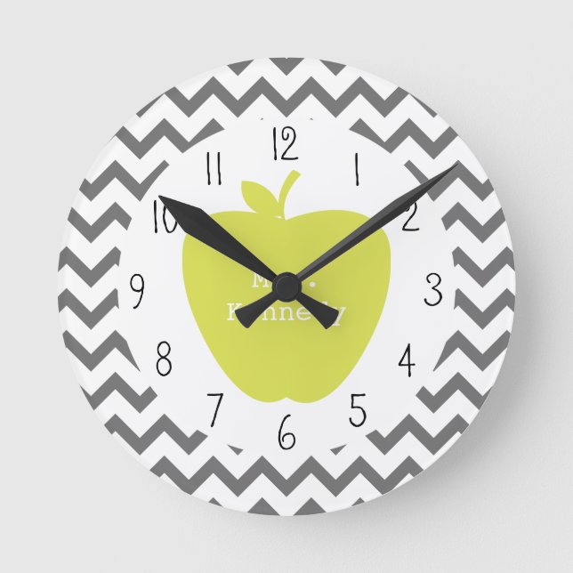Horloge Ronde Enseignant Grey Chevron Neon Apple (Recto)