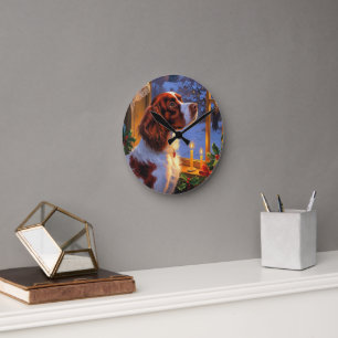 Horloge Ronde Épagneul breton avec lumières de Noël vacances 