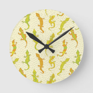 Horloge Ronde Escalade de roche Geckos sur jaune - motif sans so