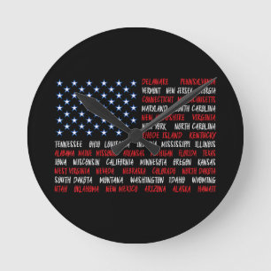 Horloge Ronde États-Unis Drapeau américain Tous les 50 noms d'Ét