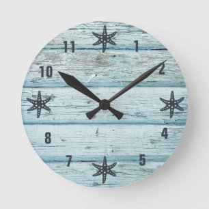 Horloge Ronde Étoile de mer en bois de plage bleu usé