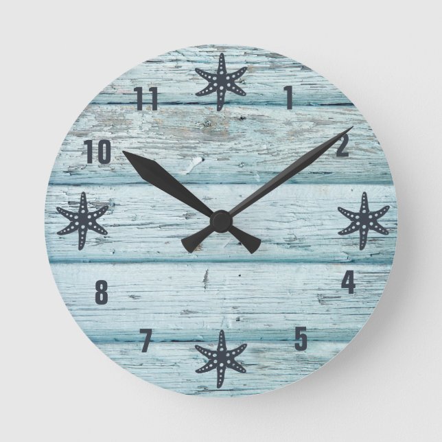 Horloge Ronde Étoile de mer en bois de plage bleu usé (Recto)