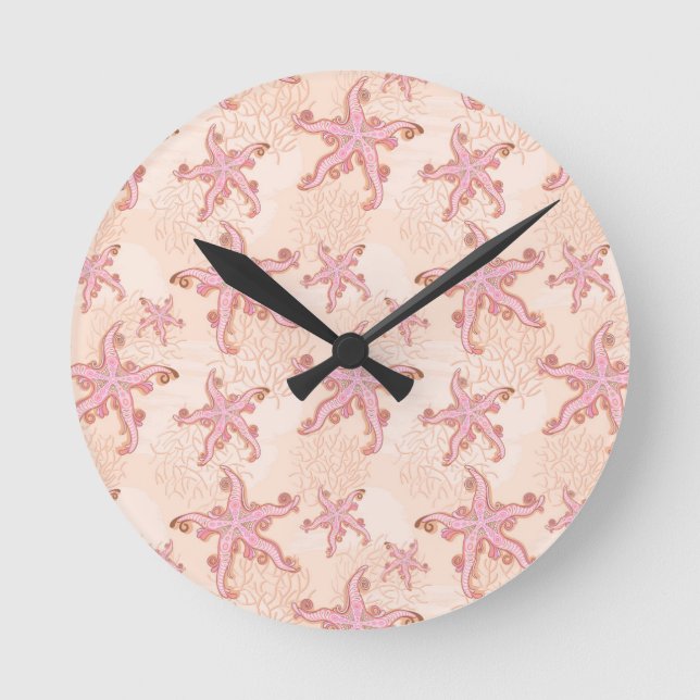 Horloge Ronde Étoiles de mer et motif pastel rose corail (Recto)