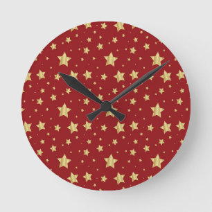 Horloge Ronde Étoiles dorées sur fond rouge