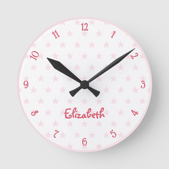 Horloge Ronde Étoiles Rose Cute Nom Personnalisé Filles Salle Nu (Recto)