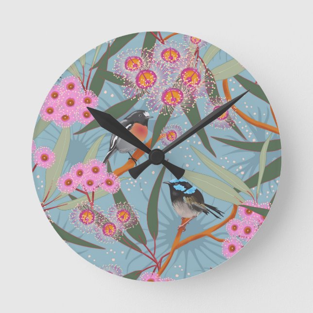 Horloge Ronde Eucalyptus Flowers with Birds in Rose and Blue (Recto)