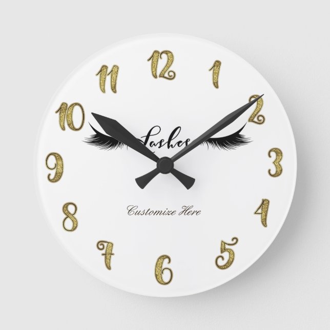 Horloge Ronde Eyelashes Lashes Gold & Black Glam Personnalisé (Recto)