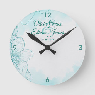 Horloge Ronde Faire-part de mariage floral aquarelle sarcelle él