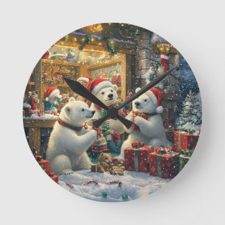 Horloge Ronde Famille d'ours polaires de Noël à l'excursion