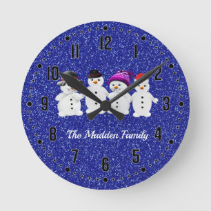 Horloge Ronde Family of Four Snowmen Blue Sparkle Winter round P