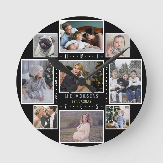 Horloge Ronde Family Photo Collage 9 Custom Pics Add Name Black (Recto)