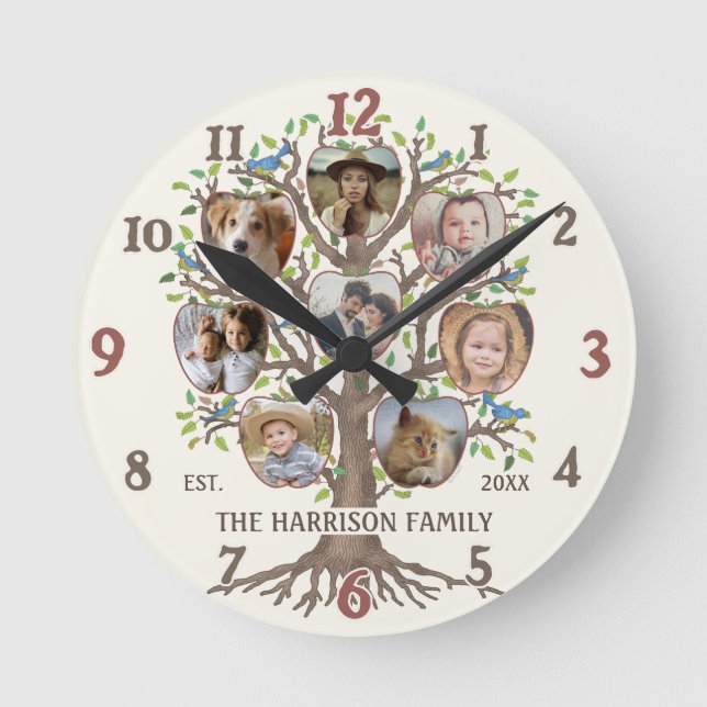 Horloge Ronde Family Tree Photo Collage 8 Photos Nom Lt Beige (Recto)
