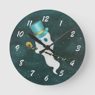 Horloge Ronde Fancy White Ghost Blue Top Hat Night Sky Cane