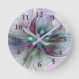 Horloge Ronde Fantaisie Abstraite Moderne Fleur Fractale Colorée