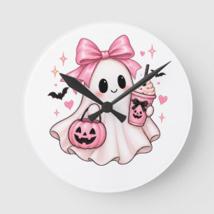 Horloge Ronde Fantôme à Nœud Rose Coquette Halloween