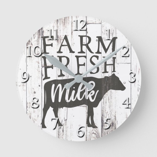 Horloge Ronde Farm Fresh Milk Cow White Wood Country Farmhouse (Recto)
