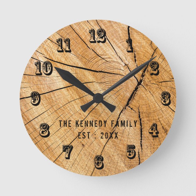 Horloge Ronde Farmhouse Country Style Family Name Tree Trunk (Recto)