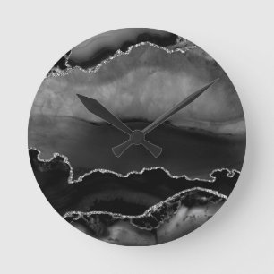 Horloge Ronde Faux Black Marblé Agate Élégante Parties scintilla
