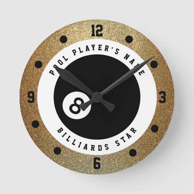 Horloge Ronde Faux Gold Parties scintillant Joueur Billard (Recto)