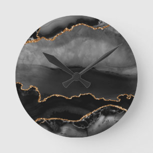 Horloge Ronde Faux Gris Marbré Agate Parties scintillant dorée P
