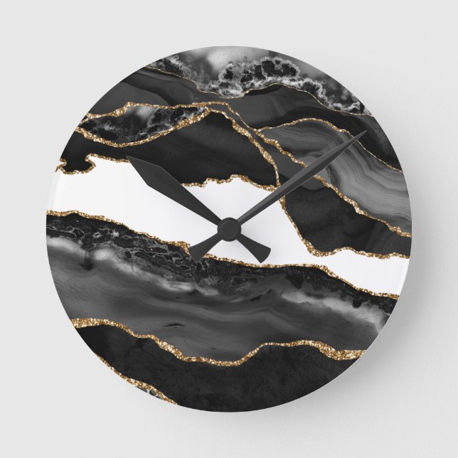 Horloge Ronde Faux Marbled Agate Black Stylish Stone (Recto)