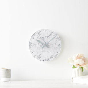 Horloge Ronde Faux marbre blanc clair aspect pierre et texte