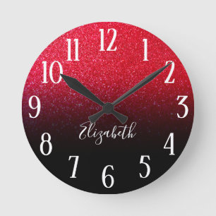 Horloge Ronde Faux Red Sparkly Parties scintillant noir Ombre