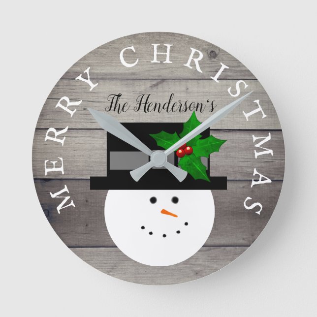 Horloge Ronde Faux Wood Snowman, une ferme rustique de Noël (Recto)