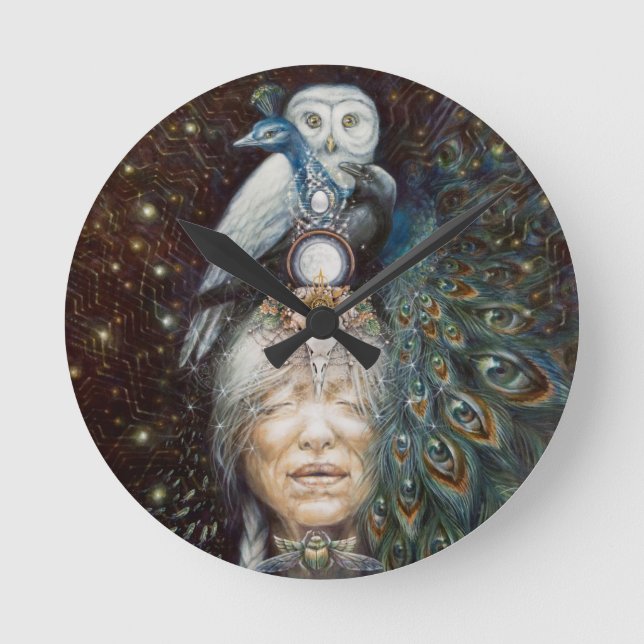 Horloge Ronde femme amérindienne avec hibou et paon (Recto)