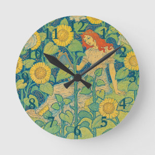 Horloge Ronde Femme-fille de fleurs dans le jardin de tournesol