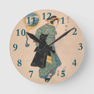 Horloge Ronde Femme japonaise en kimono, œuvre d'art représentan