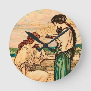 Horloge Ronde Femmes Art Nouveau lisant au bord de la mer 