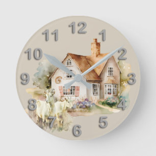 Horloge Ronde Ferme de campagne avec chèvres aquarelle cuisine