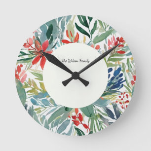 Horloge Ronde Festive Rouge Poinsettia Fleurs de Noël Floral