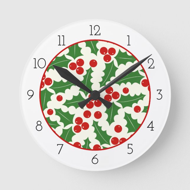 Horloge Ronde Fête de Noël Holly Berry et frontière (Recto)