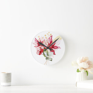 Horloge Ronde Fête d'hiver poinsettia aquarelle fleurs