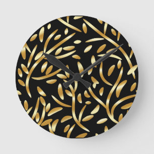 Horloge Ronde Feuille de Gradient Noir Or Botanique Flore Patter
