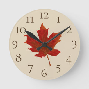 Horloge Ronde Feuille d'érable orange colorée et accents beige