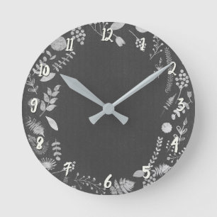 Horloge Ronde Feuilles botaniques gris argenté Personnalisé Pers