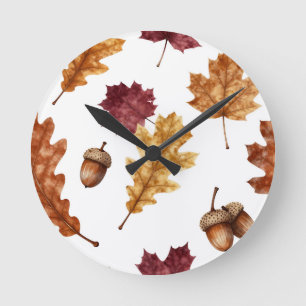 Horloge Ronde Feuilles de chêne d'automne Motif aquarelle