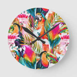 Horloge Ronde Feuilles de perroquets et palmiers