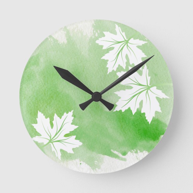 Horloge Ronde Feuilles d'érable vert moderne (Recto)
